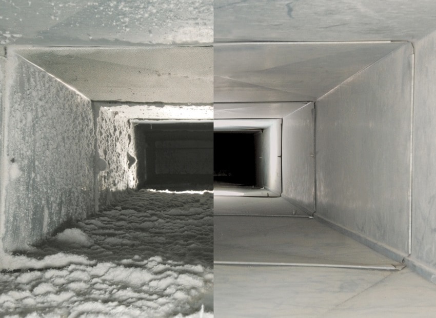 Interior view of air ducts before and after professional air duct cleaning