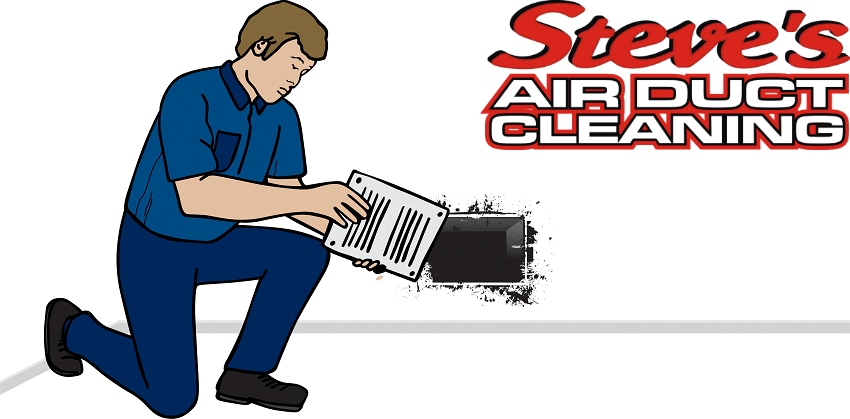 Animation of professional technician cleaning air ducts beside embedded Steve's Air Duct Cleaning logo