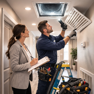 Property manager and technician reviewing vents after cleaning