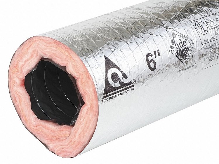 Flexible aluminum ductwork with insulated interior against white background