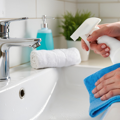 Sanitizing a bathroom sink and fixtures