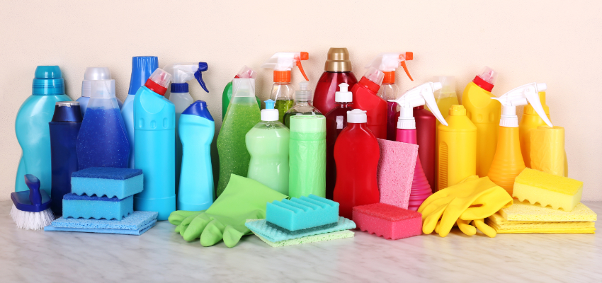 Assorted household sanitizing products on a countertop