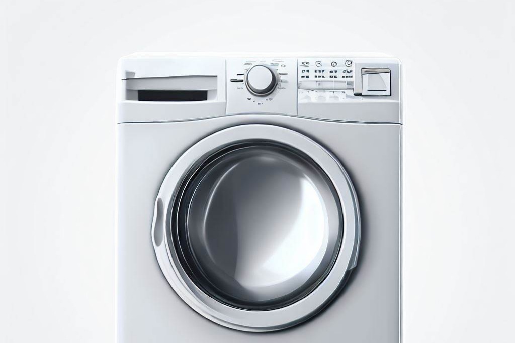 White front-loading clothes dryer photographed against white background