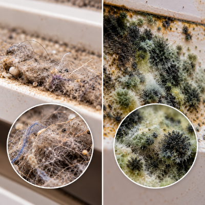 Close-up comparison of mold-like growth and ordinary household dust